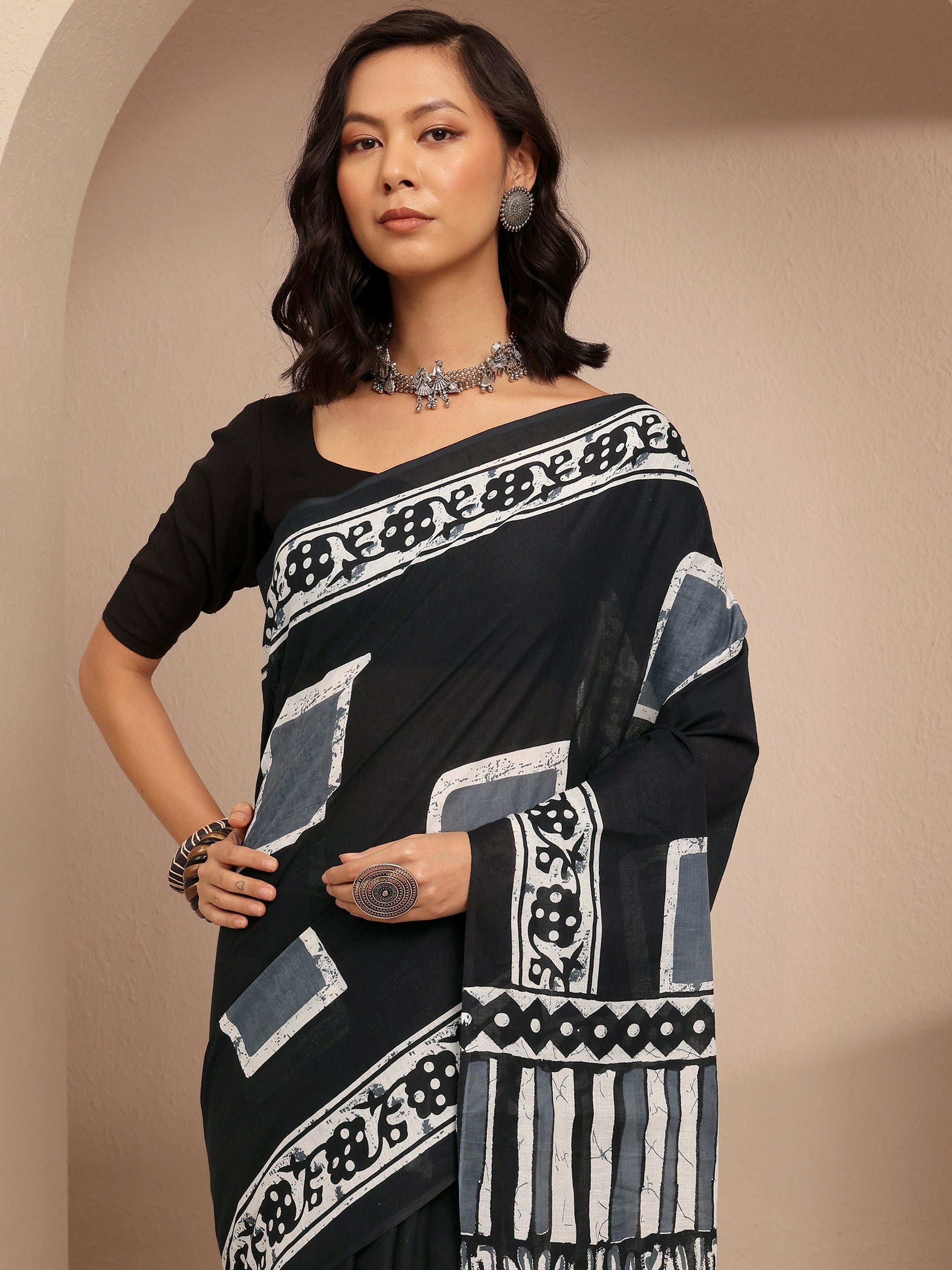 Libas Black Block Printed Cotton Saree With Unstitched Blouse Piece