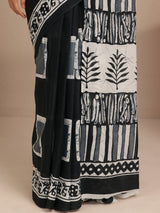 Libas Black Block Printed Cotton Saree With Unstitched Blouse Piece