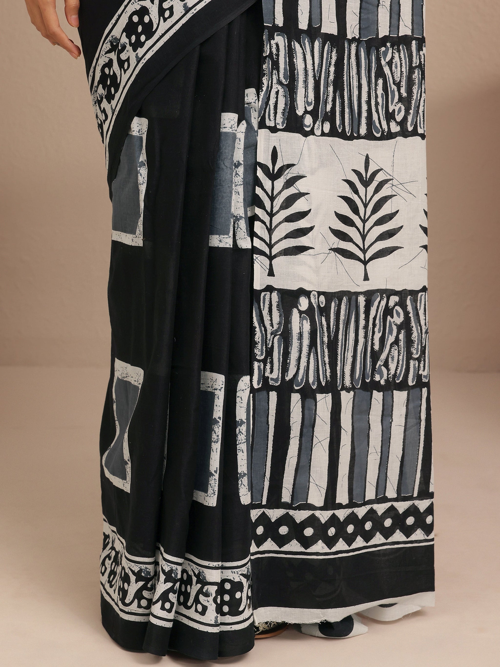 Libas Black Block Printed Cotton Saree With Unstitched Blouse Piece