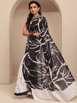 Libas Black Printed Cotton Saree With Unstitched Blouse Piece