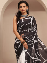 Libas Black Printed Cotton Saree With Unstitched Blouse Piece