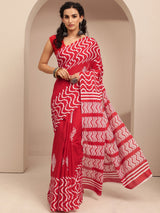 Libas Red Printed Cotton Saree With Unstitched Blouse Piece
