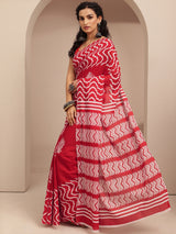 Libas Red Printed Cotton Saree With Unstitched Blouse Piece
