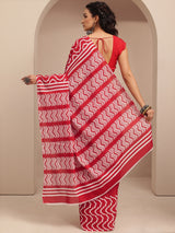 Libas Red Printed Cotton Saree With Unstitched Blouse Piece