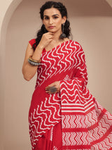 Libas Red Printed Cotton Saree With Unstitched Blouse Piece