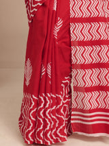 Libas Red Printed Cotton Saree With Unstitched Blouse Piece