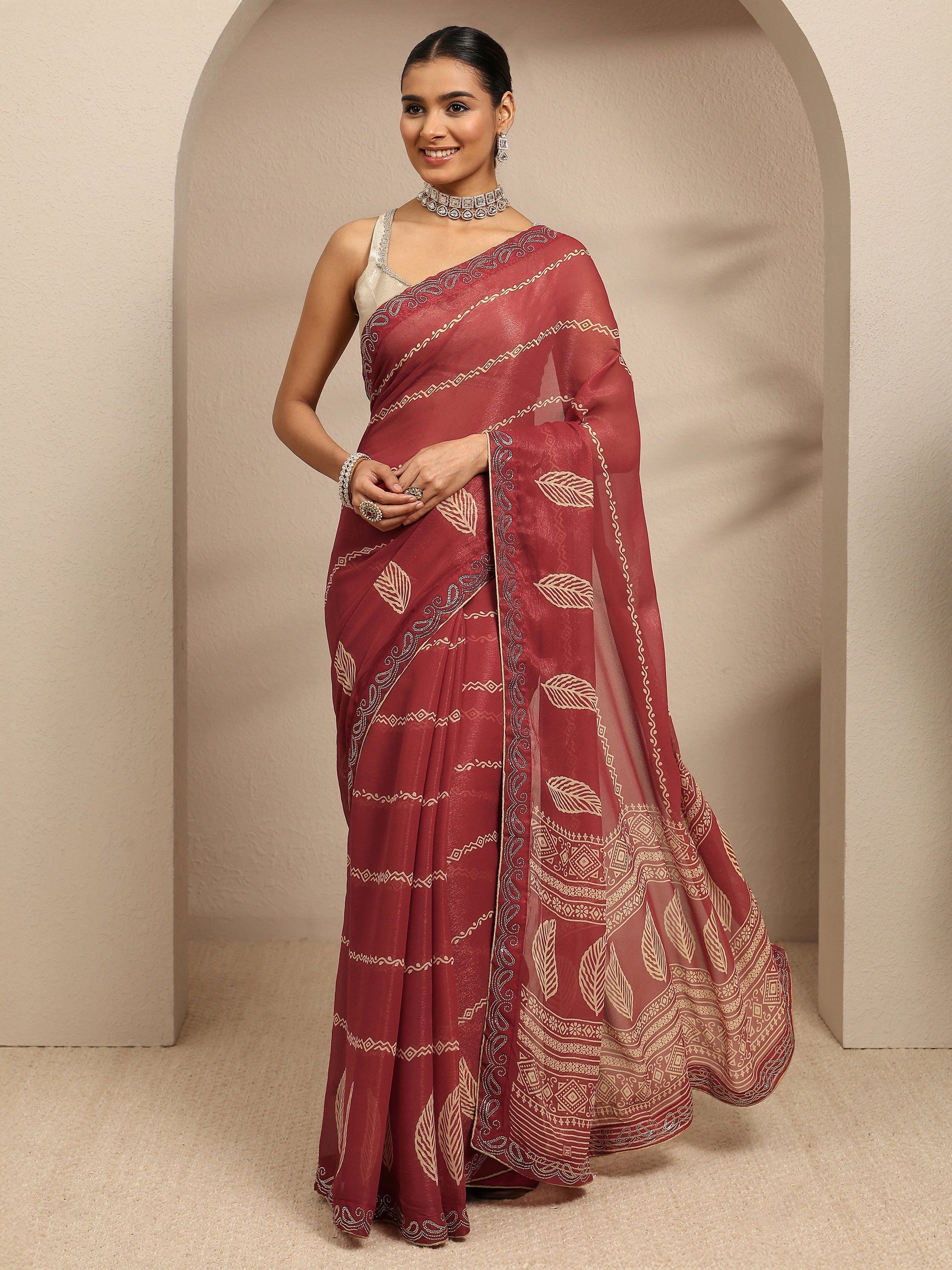 Libas Brown Ethnic Motifs Printed Silk Blend Saree With Unstitched Blouse Piece