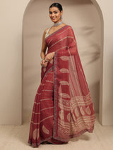 Libas Brown Ethnic Motifs Printed Silk Blend Saree With Unstitched Blouse Piece