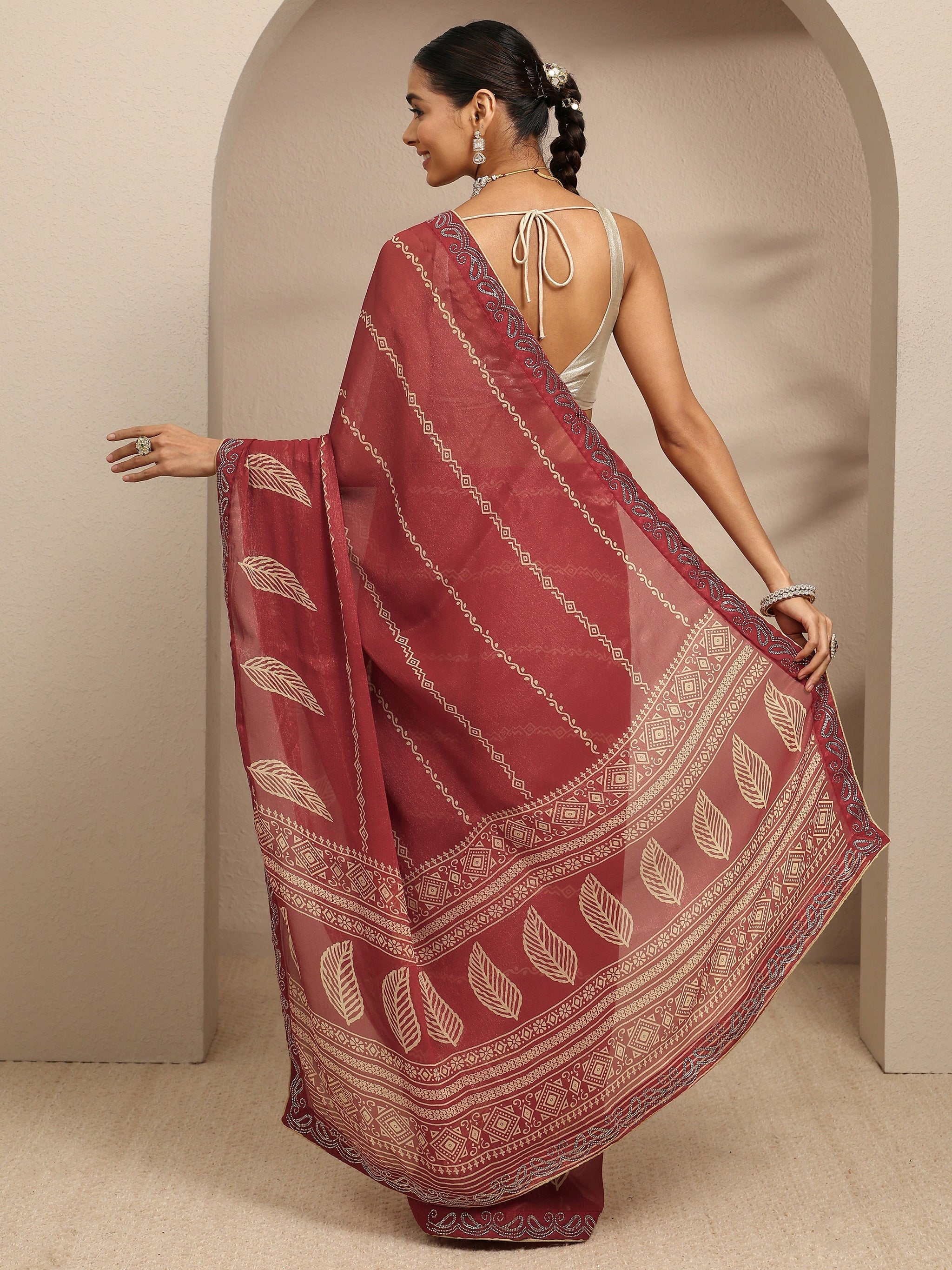 Libas Brown Ethnic Motifs Printed Silk Blend Saree With Unstitched Blouse Piece