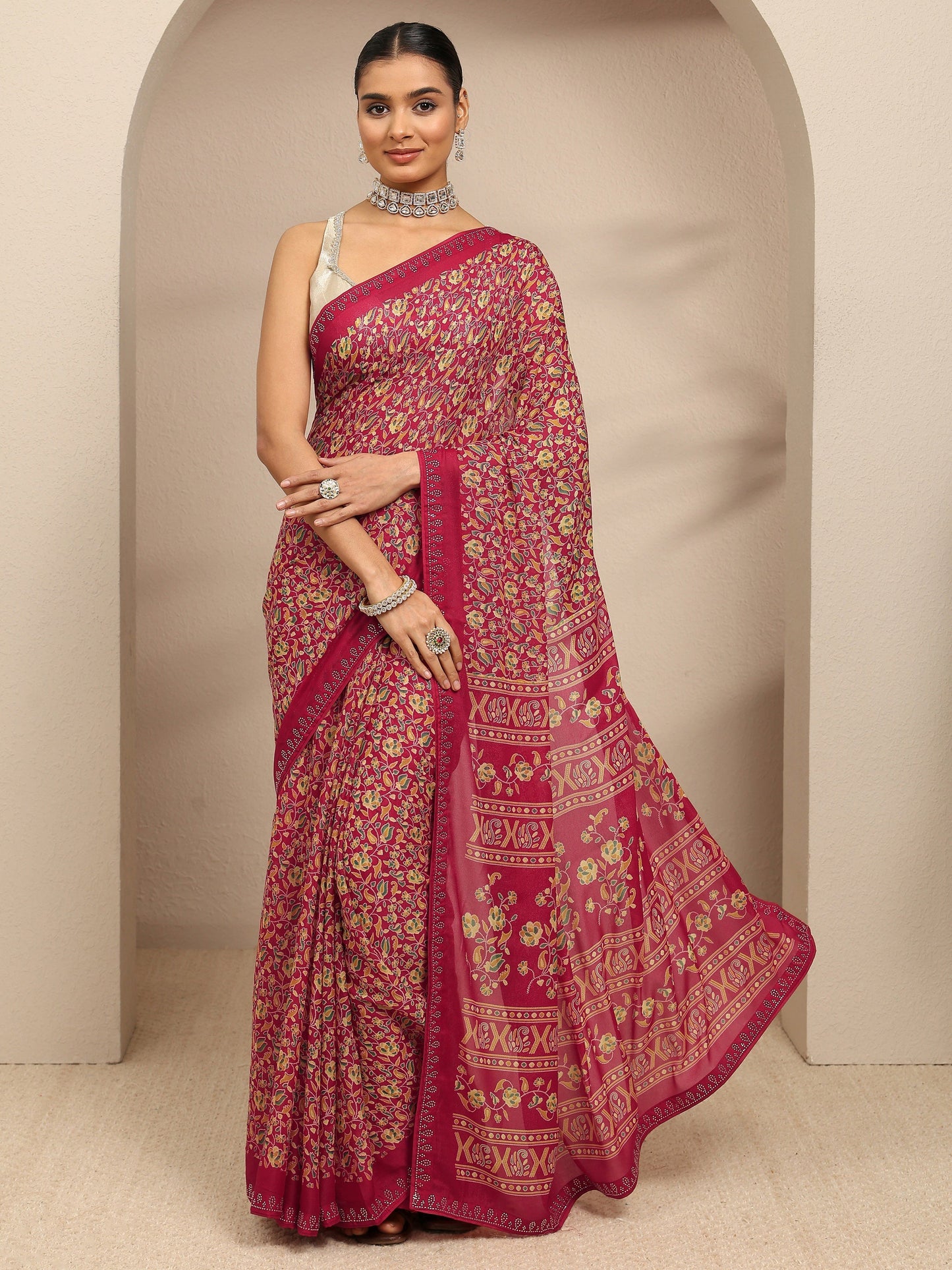 Libas Red Floral Printed Silk Blend Saree With Unstitched Blouse Piece