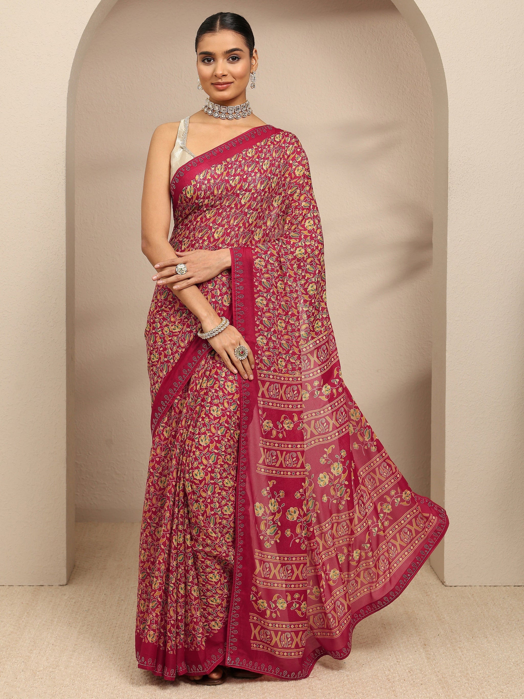 Libas Red Floral Printed Silk Blend Saree With Unstitched Blouse Piece