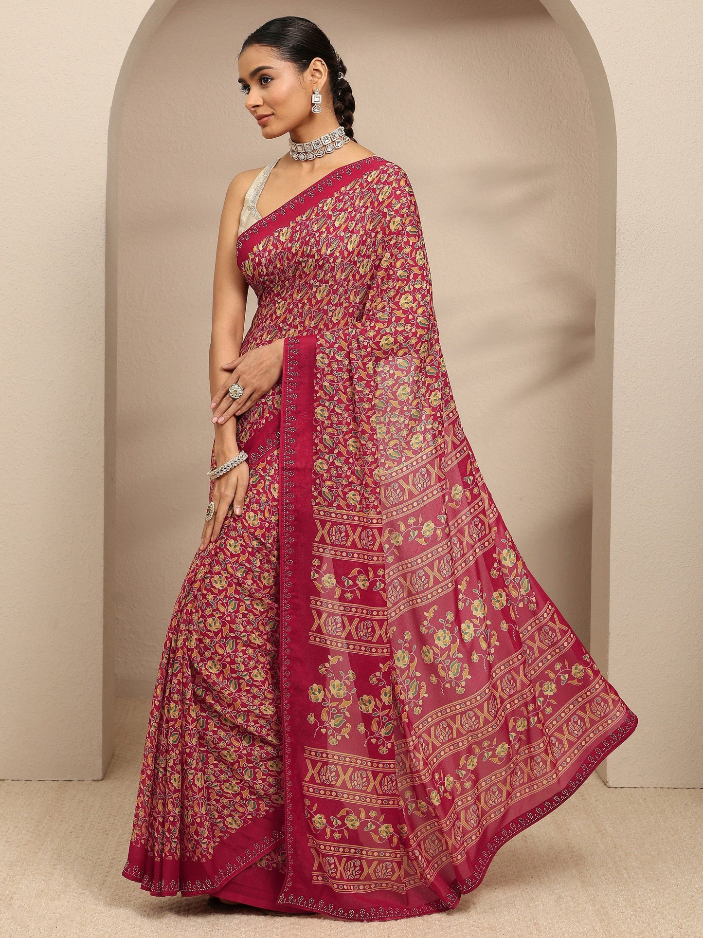 Libas Red Floral Printed Silk Blend Saree With Unstitched Blouse Piece