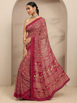 Libas Red Floral Printed Silk Blend Saree With Unstitched Blouse Piece