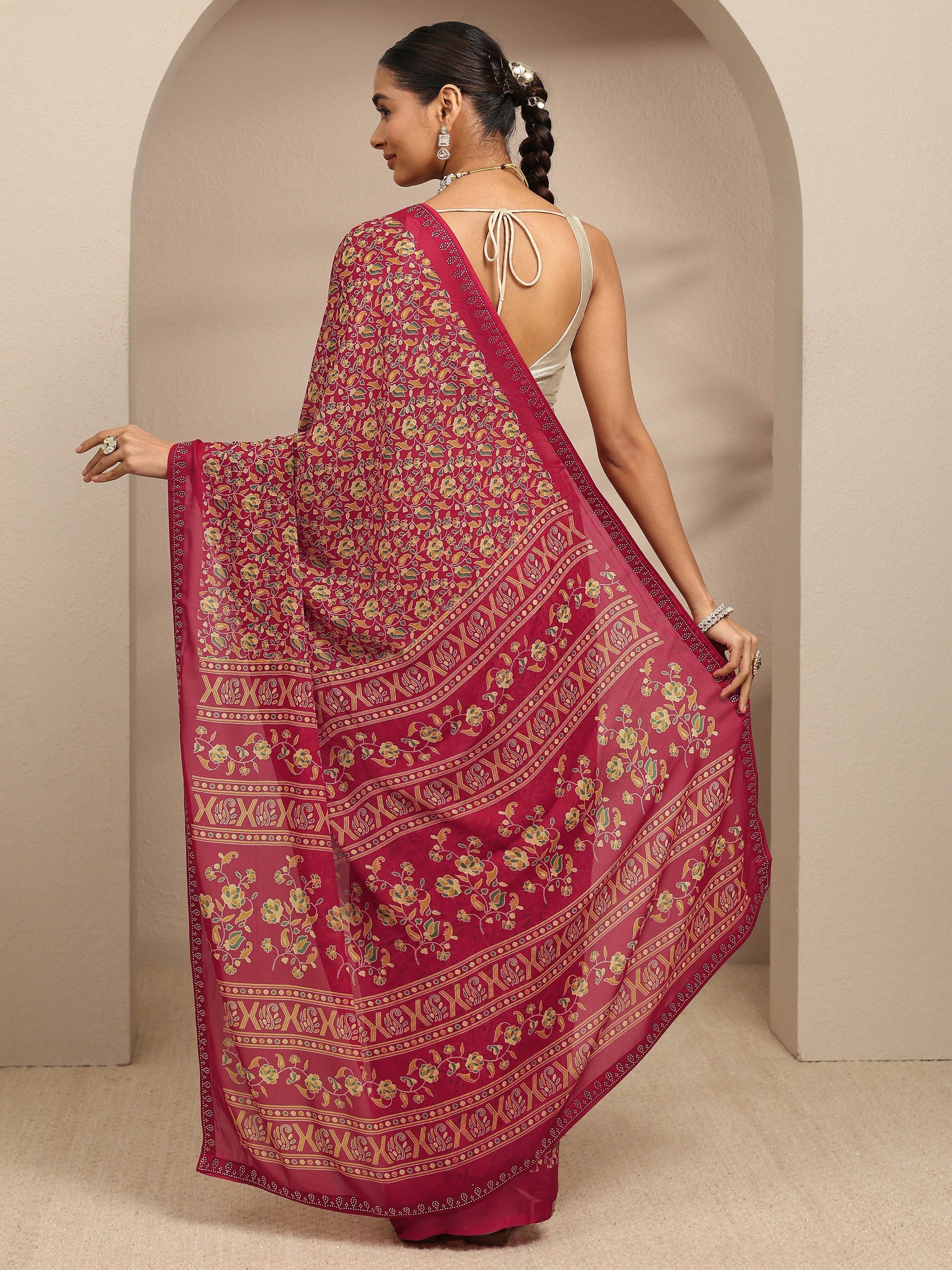 Libas Red Floral Printed Silk Blend Saree With Unstitched Blouse Piece