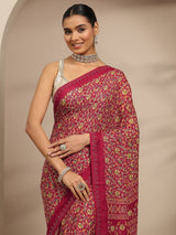 Libas Red Floral Printed Silk Blend Saree With Unstitched Blouse Piece
