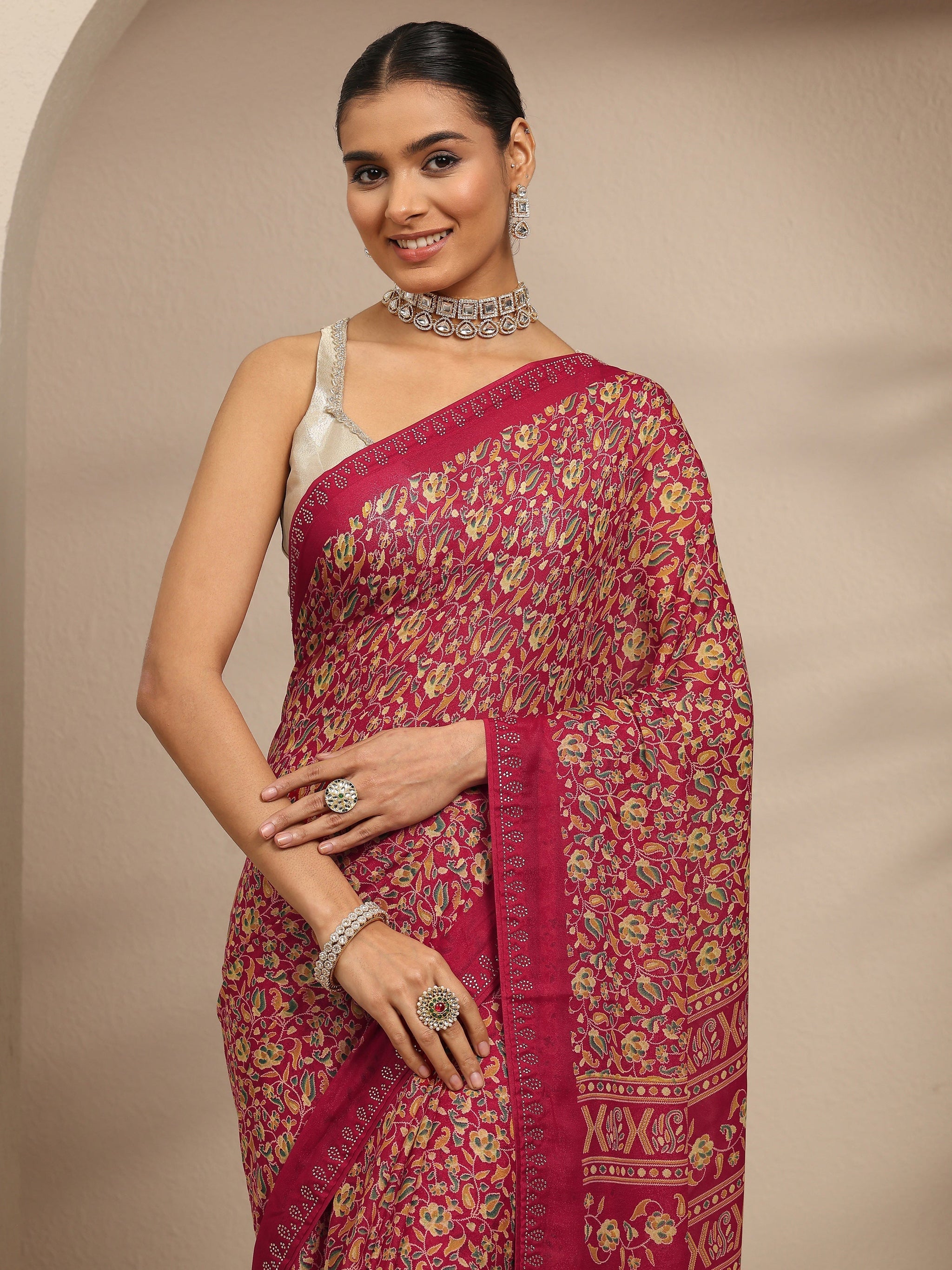 Libas Red Floral Printed Silk Blend Saree With Unstitched Blouse Piece