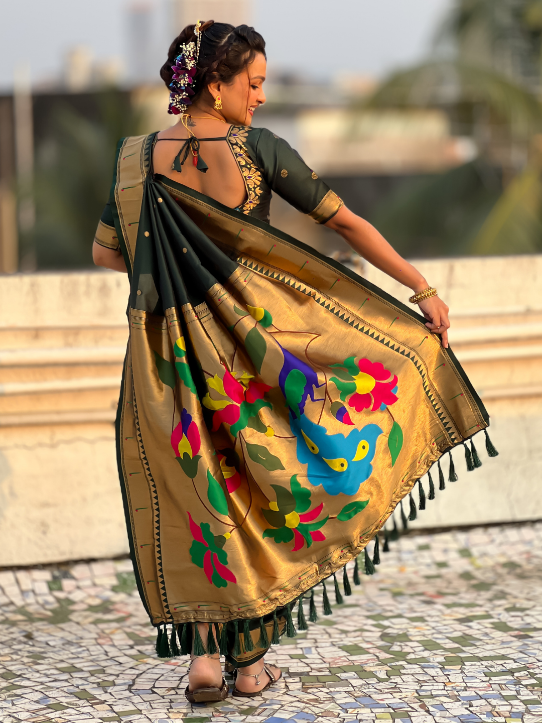 Bottle Green Wedding Special Nauvari Paithani Soft Silk Saree with Zari Woven Polka Motifs and Peacock Pallu