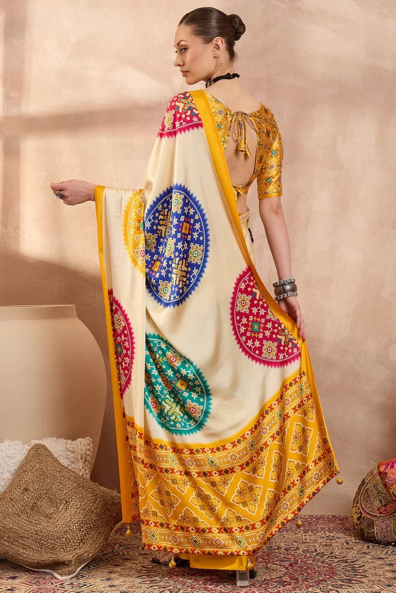 Ivory cream modal silk saree with patola inspired multicolor print mustard designer pallu festive traditional wear saree