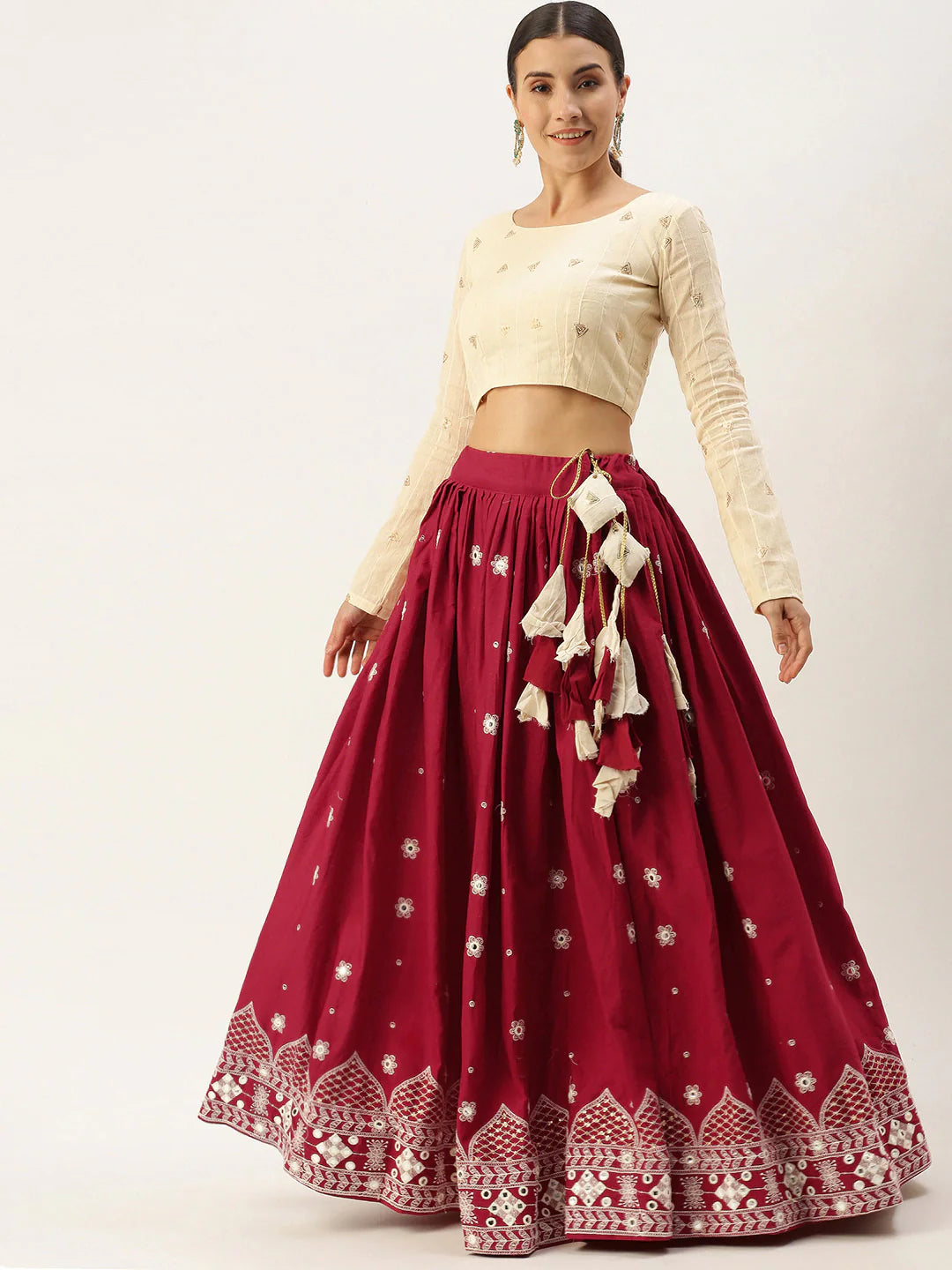 Maroon and beige woven design lehenga choli