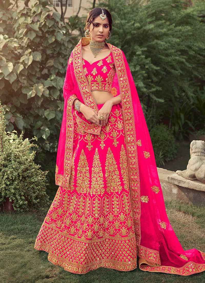 Pink Color Dori And Stone Work Satin Material Lehenga Choli