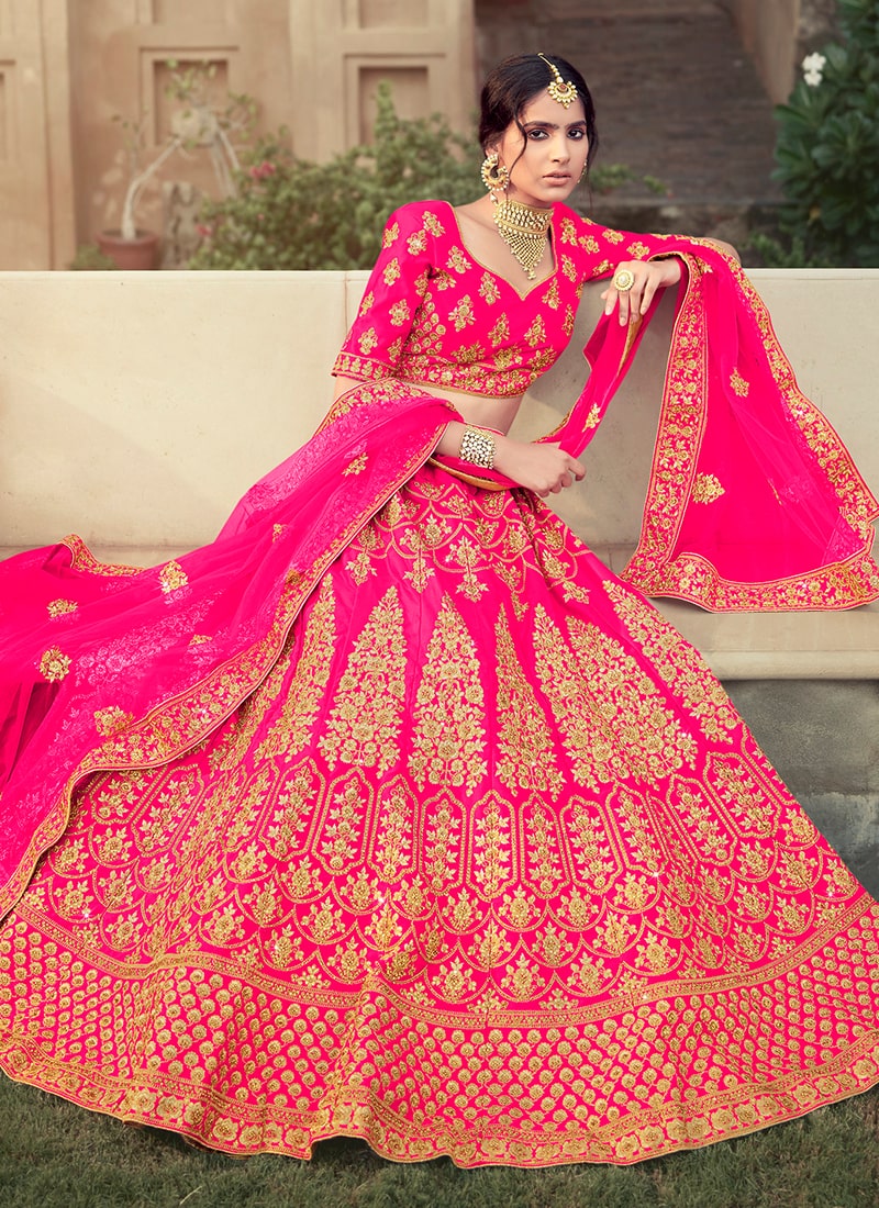 Pink Color Dori And Stone Work Satin Material Lehenga Choli