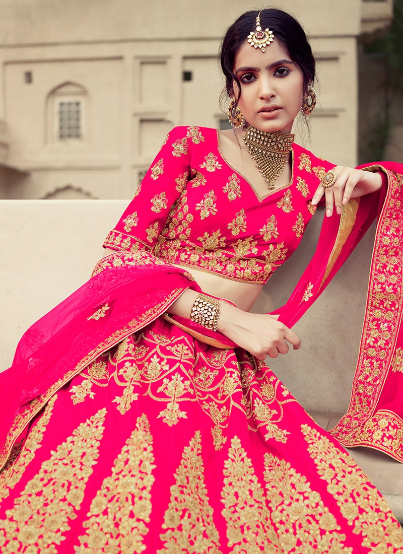 Pink Color Dori And Stone Work Satin Material Lehenga Choli