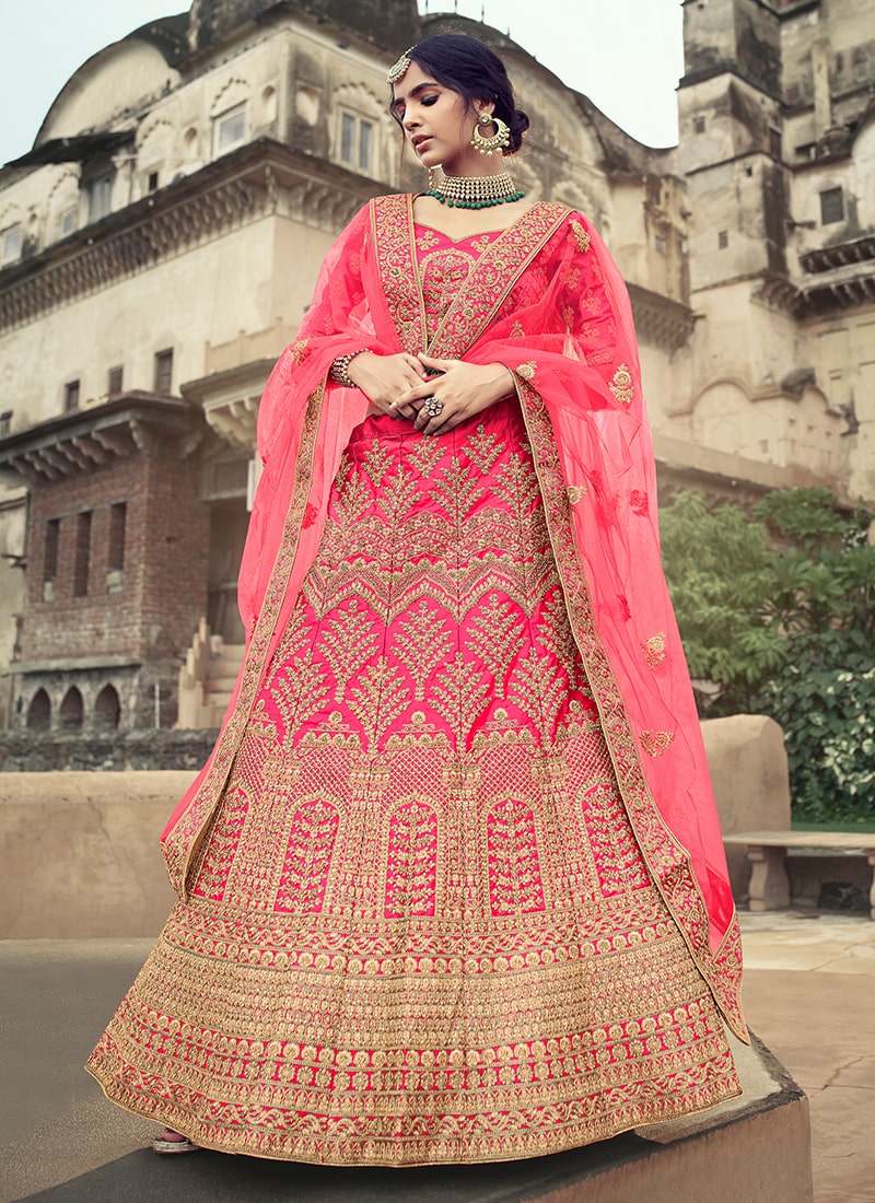 Wedding Wear Pink Color Satin Material Dori Work Lehenga
