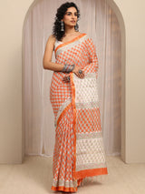 Libas Orange Floral Printed Cotton Blend Saree With Unstitched Blouse Piece