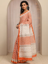 Libas Orange Floral Printed Cotton Blend Saree With Unstitched Blouse Piece