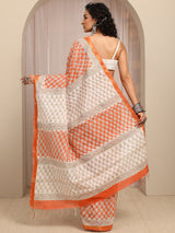 Libas Orange Floral Printed Cotton Blend Saree With Unstitched Blouse Piece