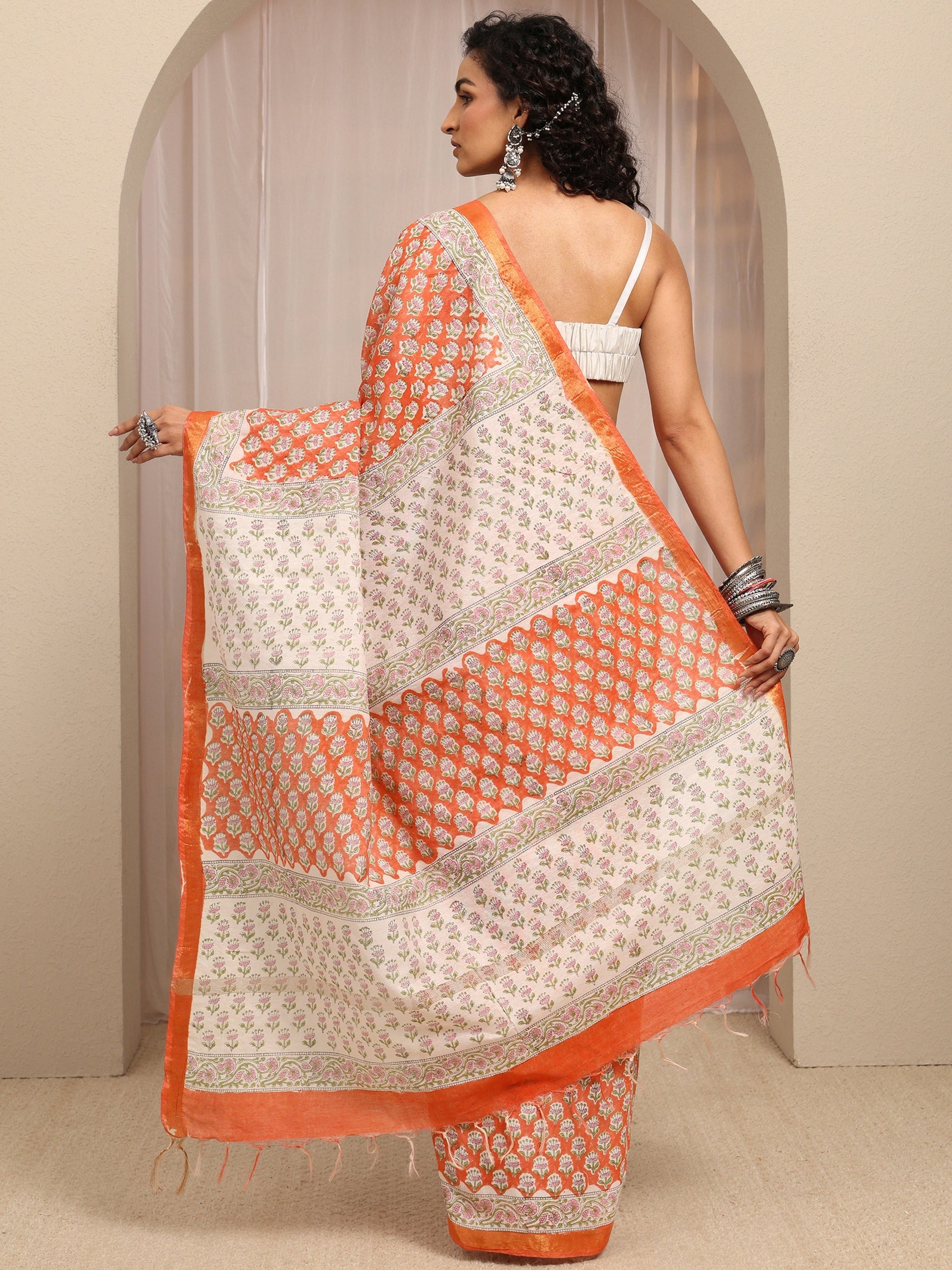 Libas Orange Floral Printed Cotton Blend Saree With Unstitched Blouse Piece