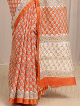 Libas Orange Floral Printed Cotton Blend Saree With Unstitched Blouse Piece