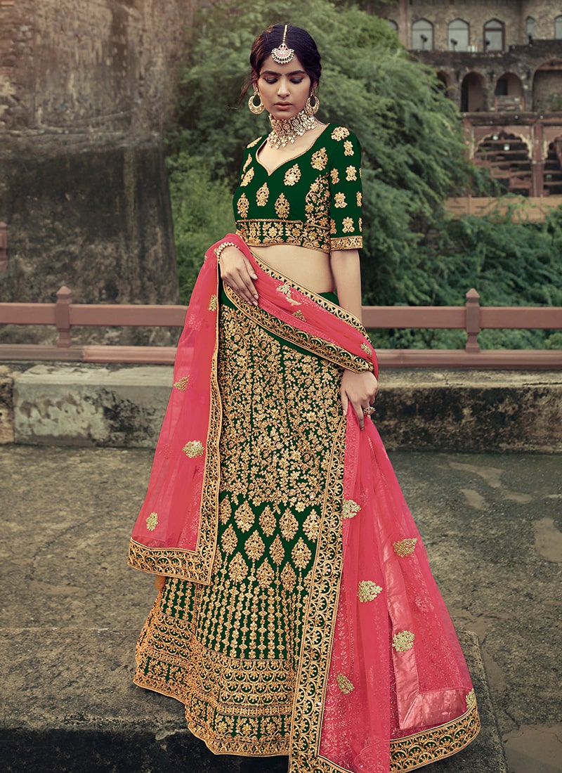 Dark Green Color Satin Material Zari And Stone Work Lehenga