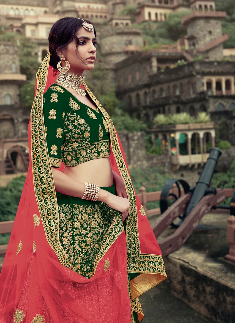 Dark Green Color Satin Material Zari And Stone Work Lehenga