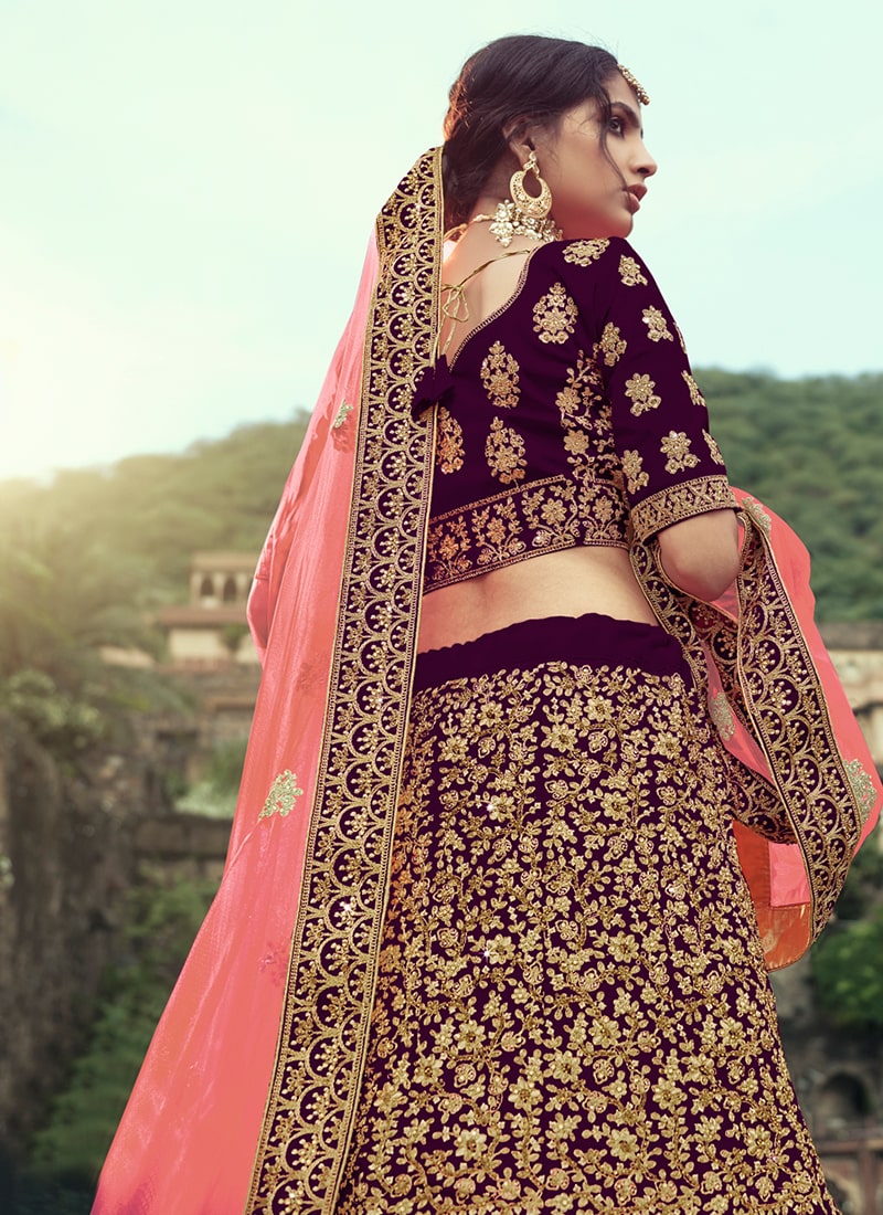 Wine Color Satin Material Stone And Zari Work Lehenga Choli