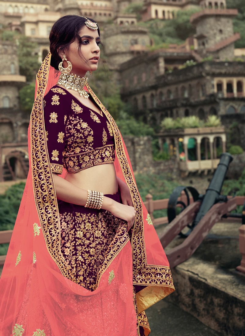 Wine Color Satin Material Stone And Zari Work Lehenga Choli