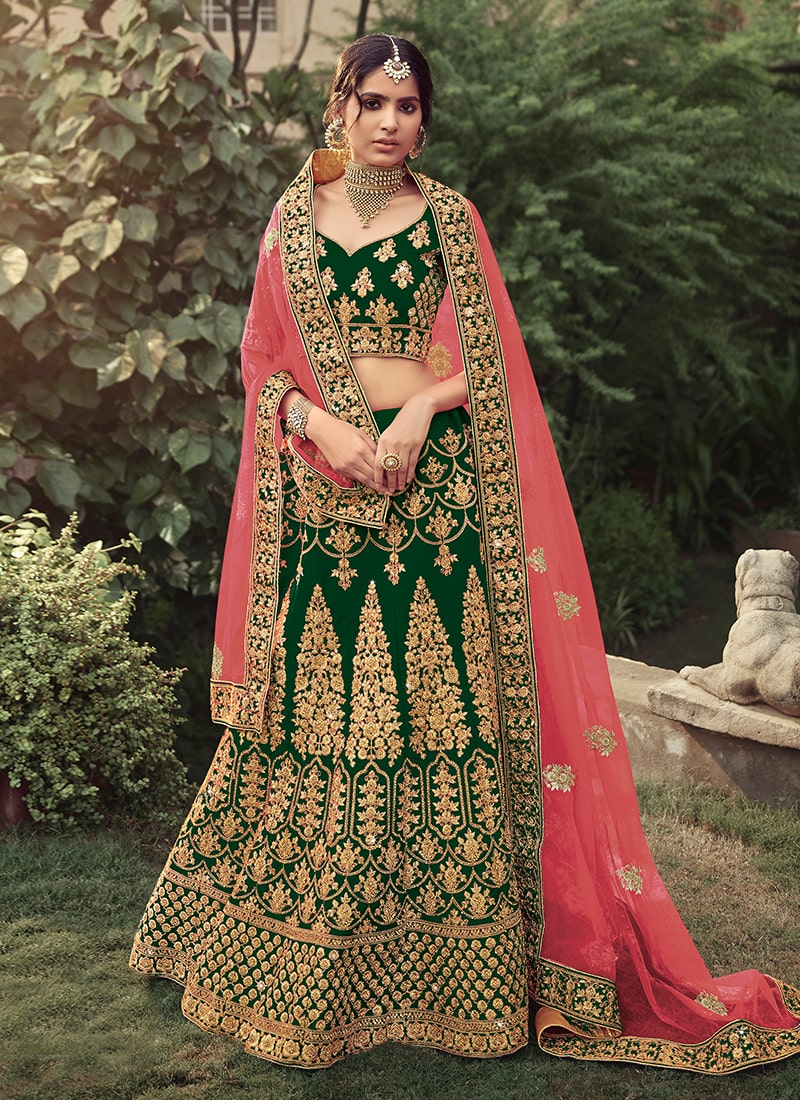 Dark Green Color Satin Material Heavy Work Kalidar Lehenga