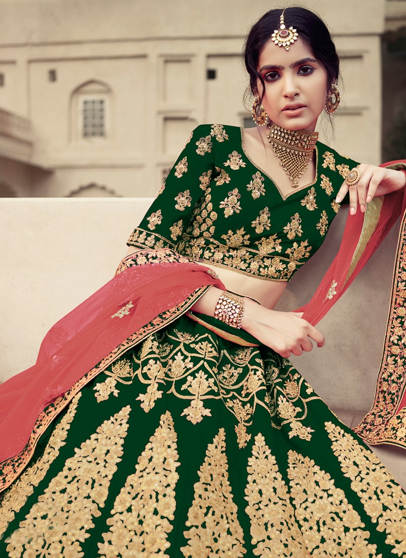 Dark Green Color Satin Material Heavy Work Kalidar Lehenga
