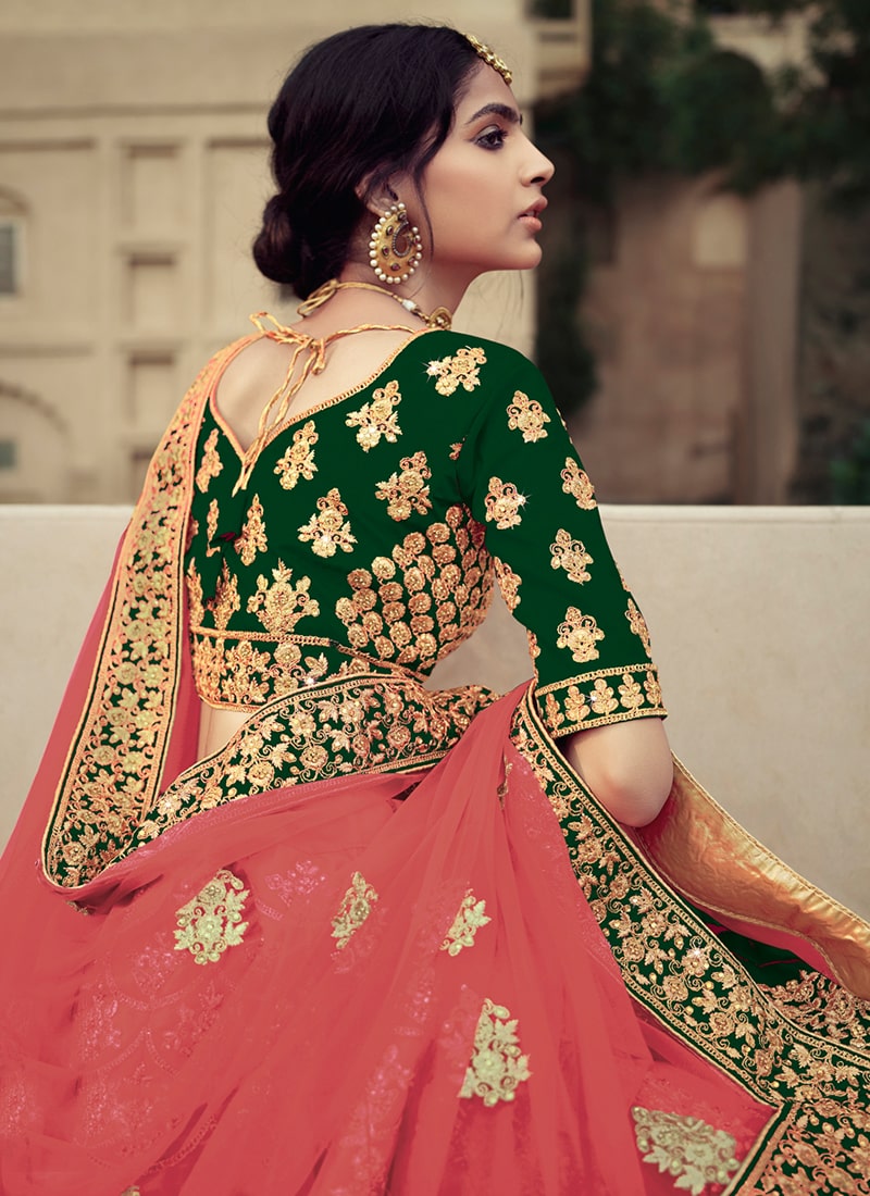 Dark Green Color Satin Material Heavy Work Kalidar Lehenga