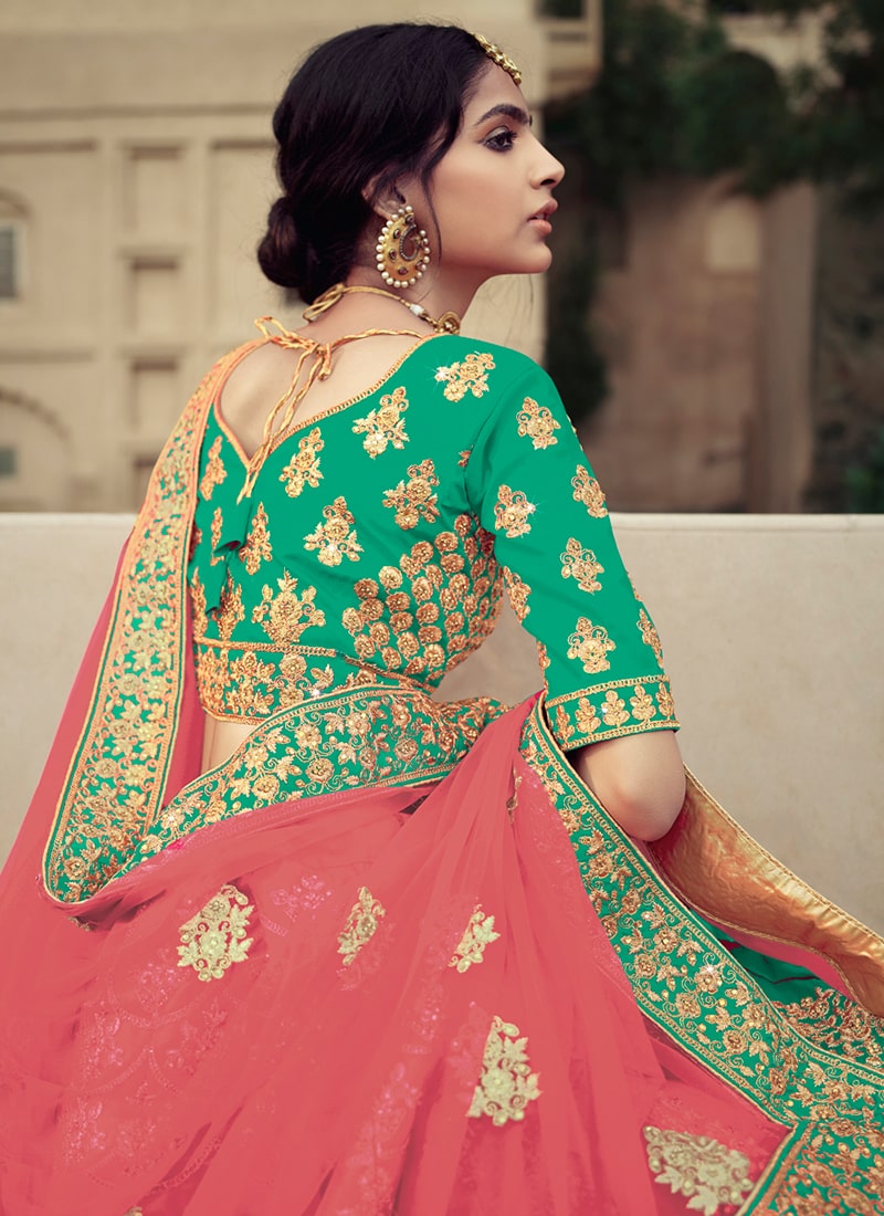 Satin Material Sea Green Color Heavy Work Lehenga Choli