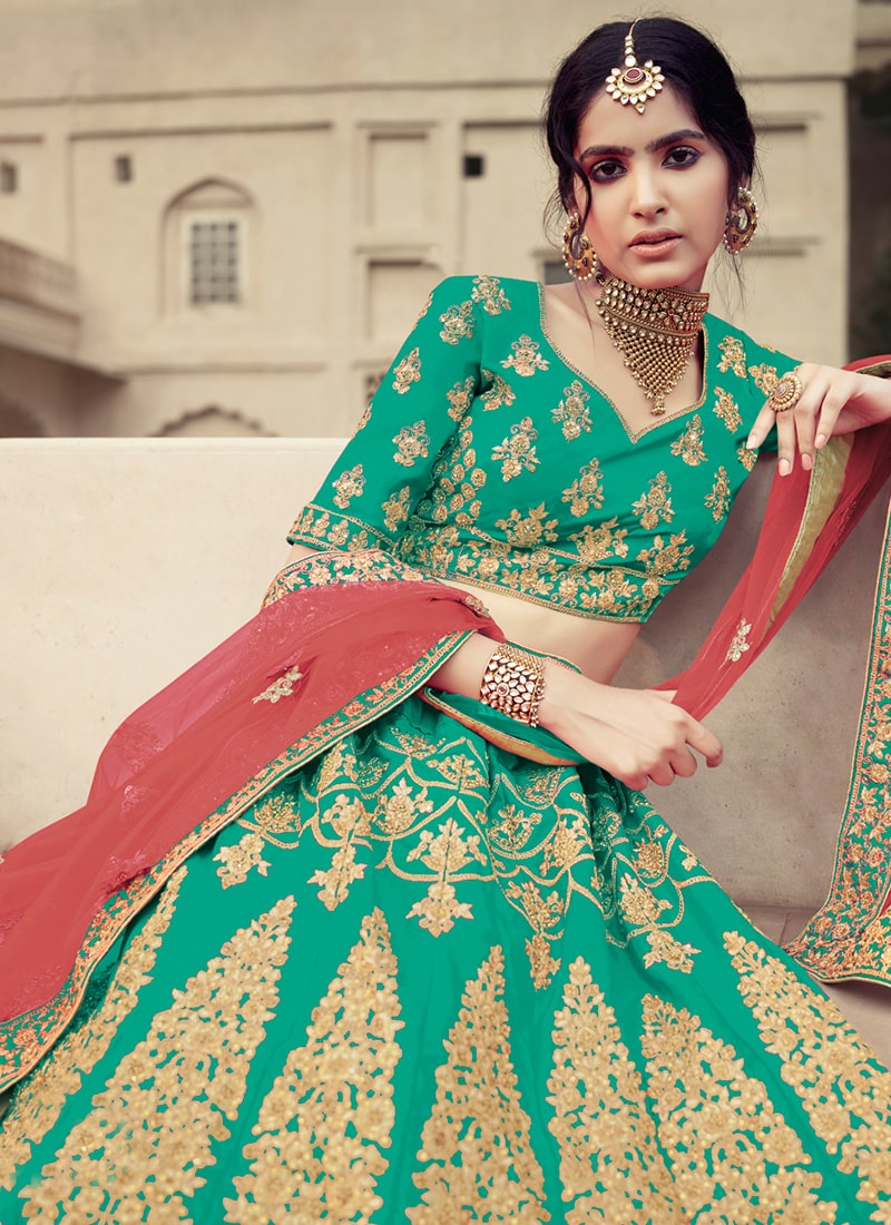 Satin Material Sea Green Color Heavy Work Lehenga Choli