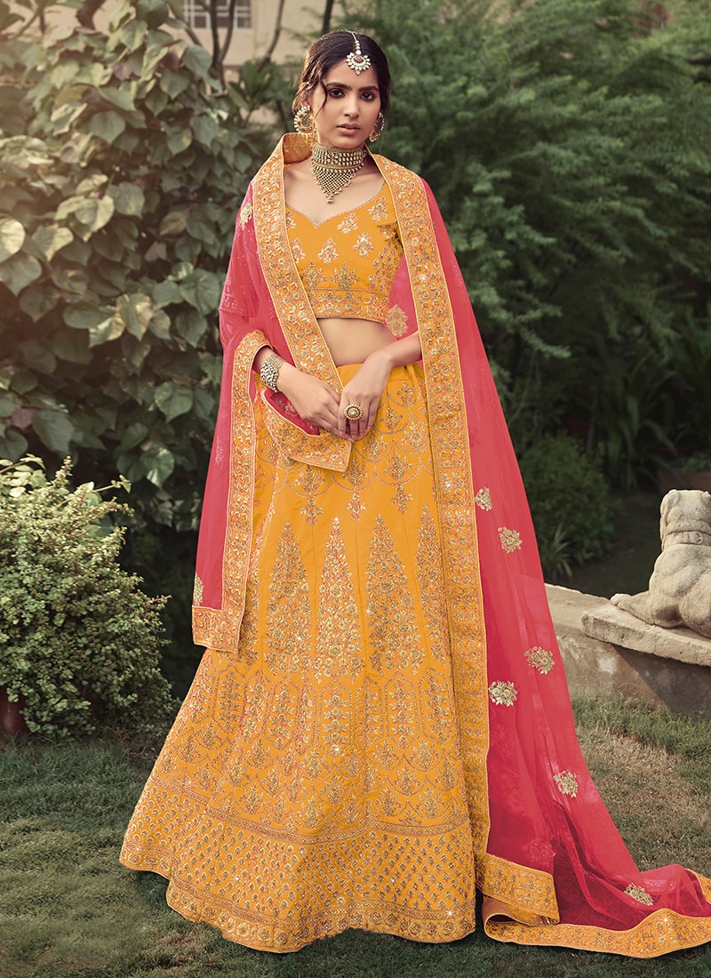 Mustard Yellow Color Heavy Work Satin Fabric Lehenga Choli