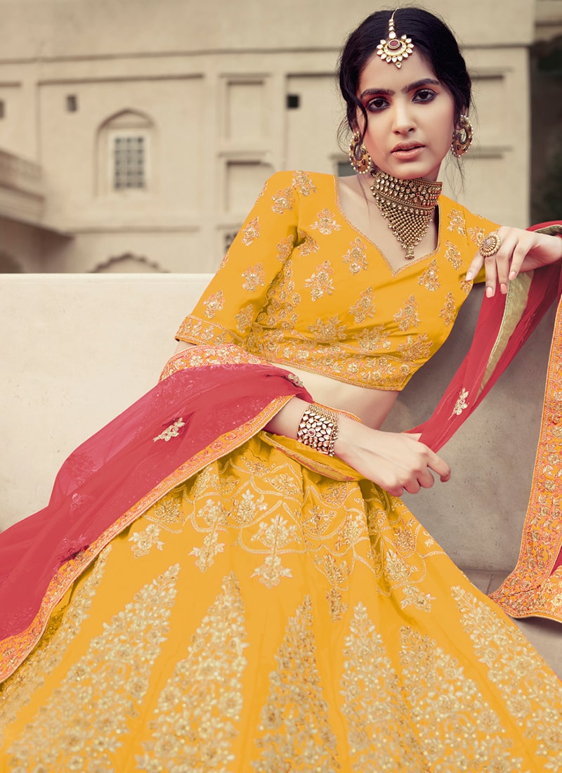 Mustard Yellow Color Heavy Work Satin Fabric Lehenga Choli