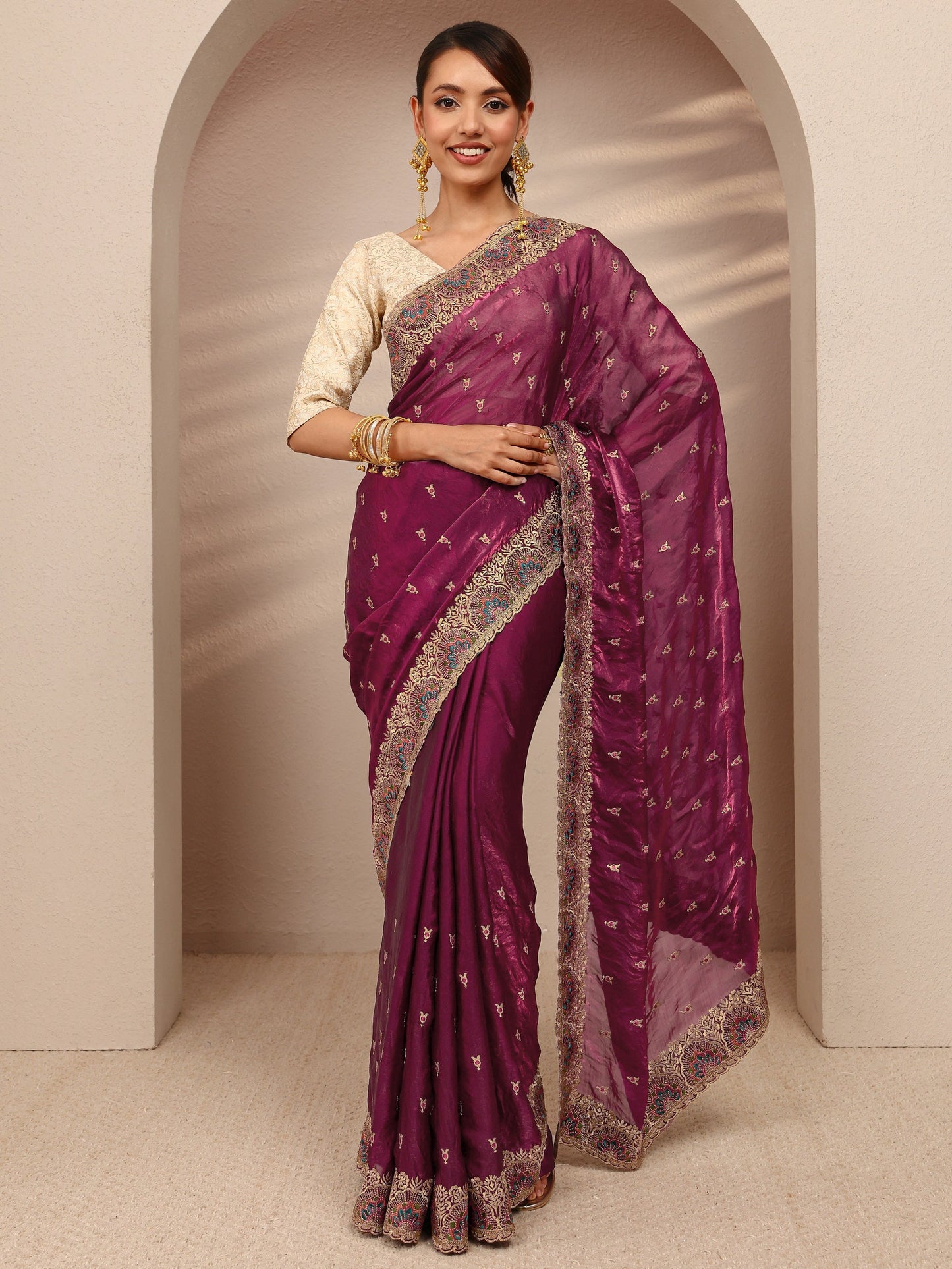 Libas Burgundy Embroidered Silk Blend Saree 
With Unstitched Blouse Piece