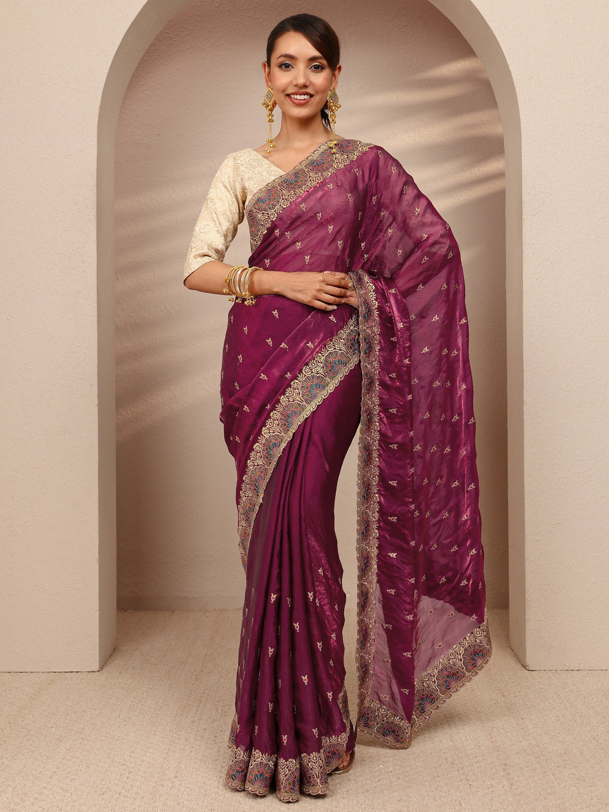Libas Burgundy Embroidered Silk Blend Saree 
With Unstitched Blouse Piece