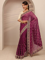 Libas Burgundy Embroidered Silk Blend Saree 
With Unstitched Blouse Piece