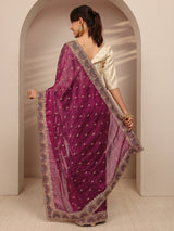 Libas Burgundy Embroidered Silk Blend Saree 
With Unstitched Blouse Piece