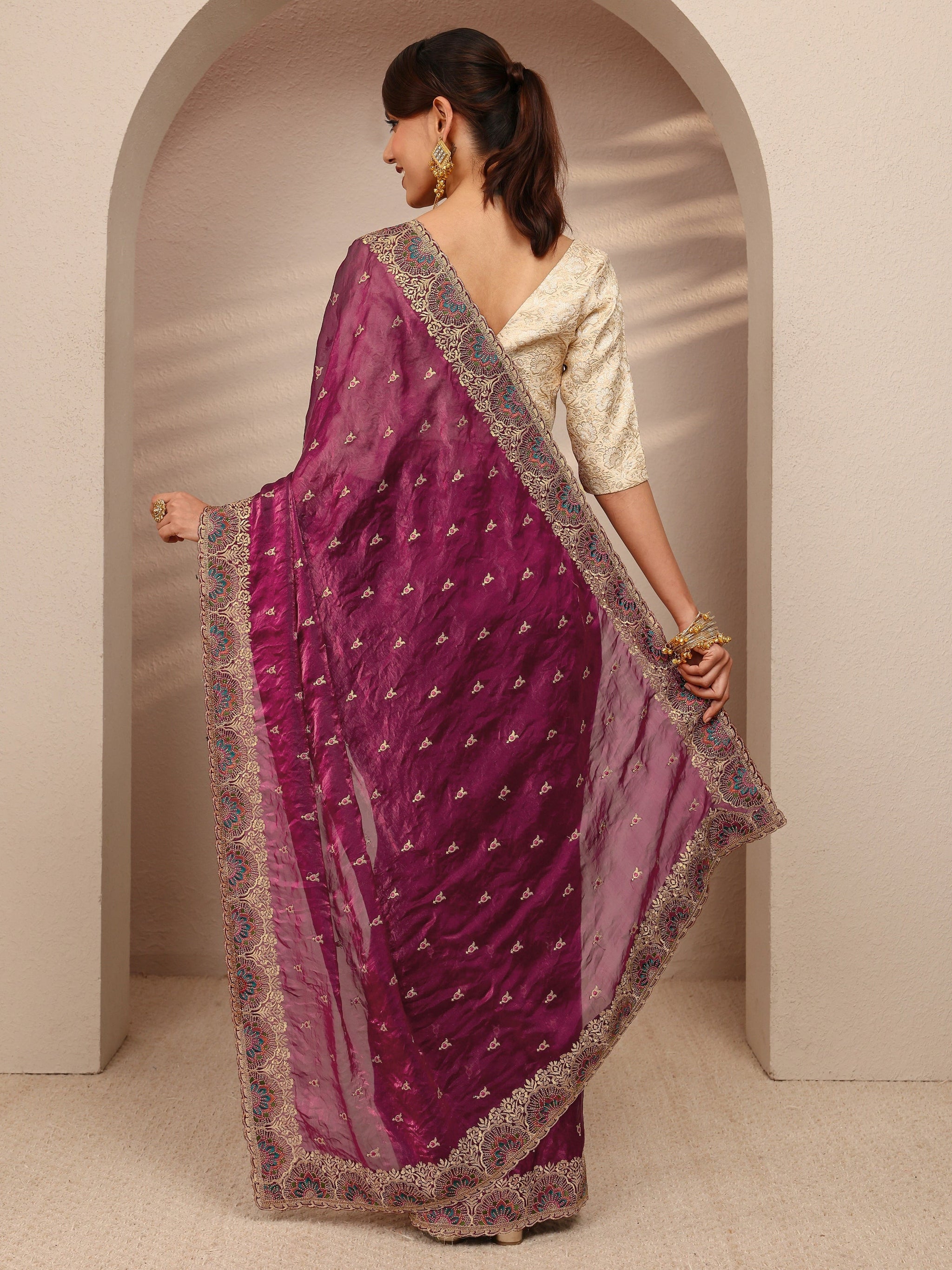 Libas Burgundy Embroidered Silk Blend Saree 
With Unstitched Blouse Piece