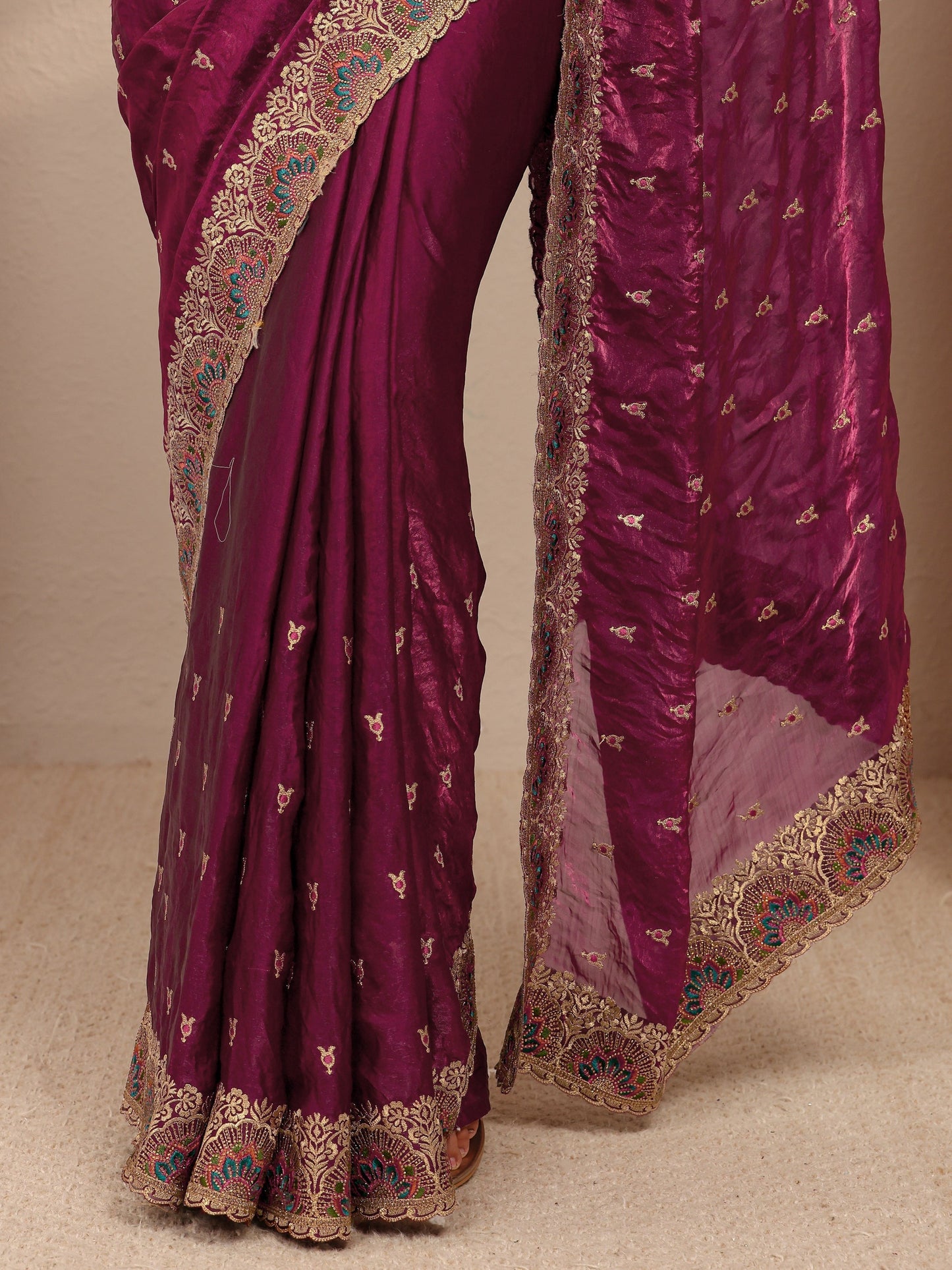 Libas Burgundy Embroidered Silk Blend Saree 
With Unstitched Blouse Piece