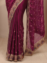 Libas Burgundy Embroidered Silk Blend Saree 
With Unstitched Blouse Piece